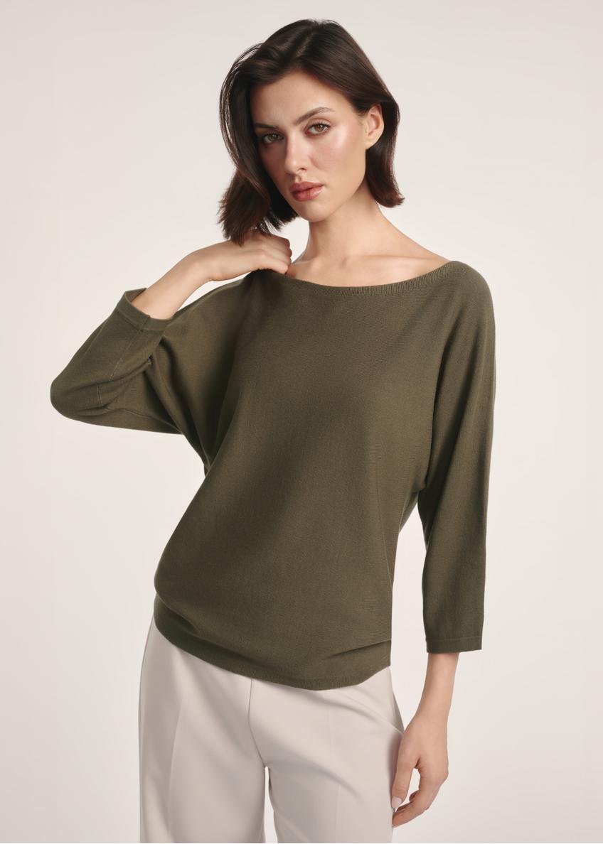 Women's blouse in khaki color BLUDT-0178-54(Z25), product visible from the front on the model, half of the silhouette visible.