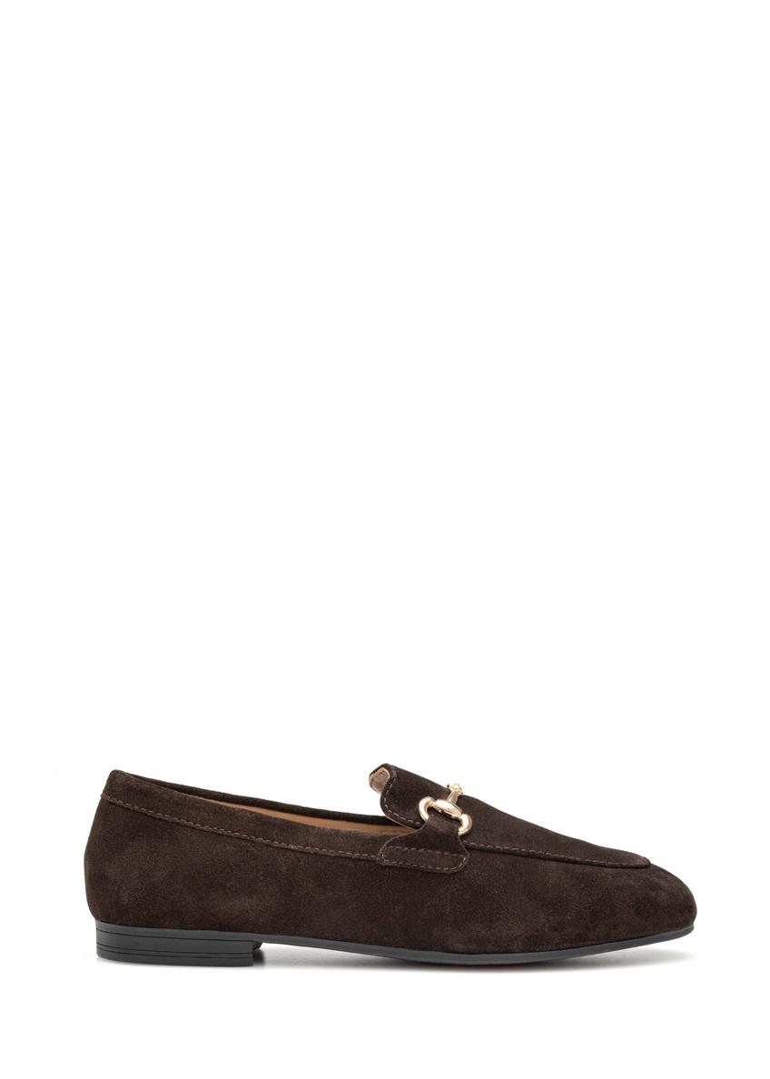 Women's brown suede moccasins BUTYD-1257-1I(W26) - side view of the product, on a white background.