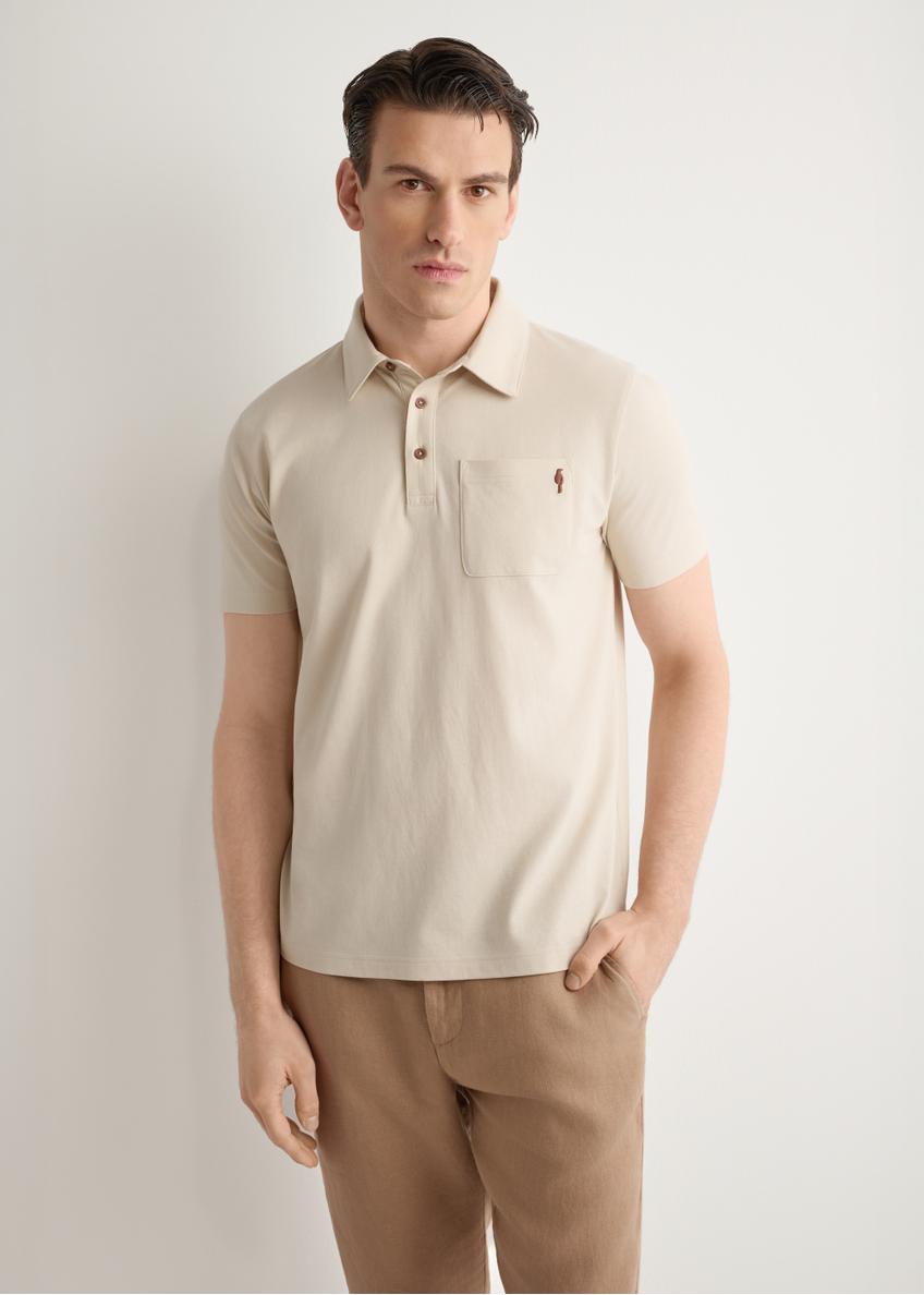 Men's light beige polo shirt POLMT-0088-1A(W26), front view of the product on the model. Half of the silhouette visible.