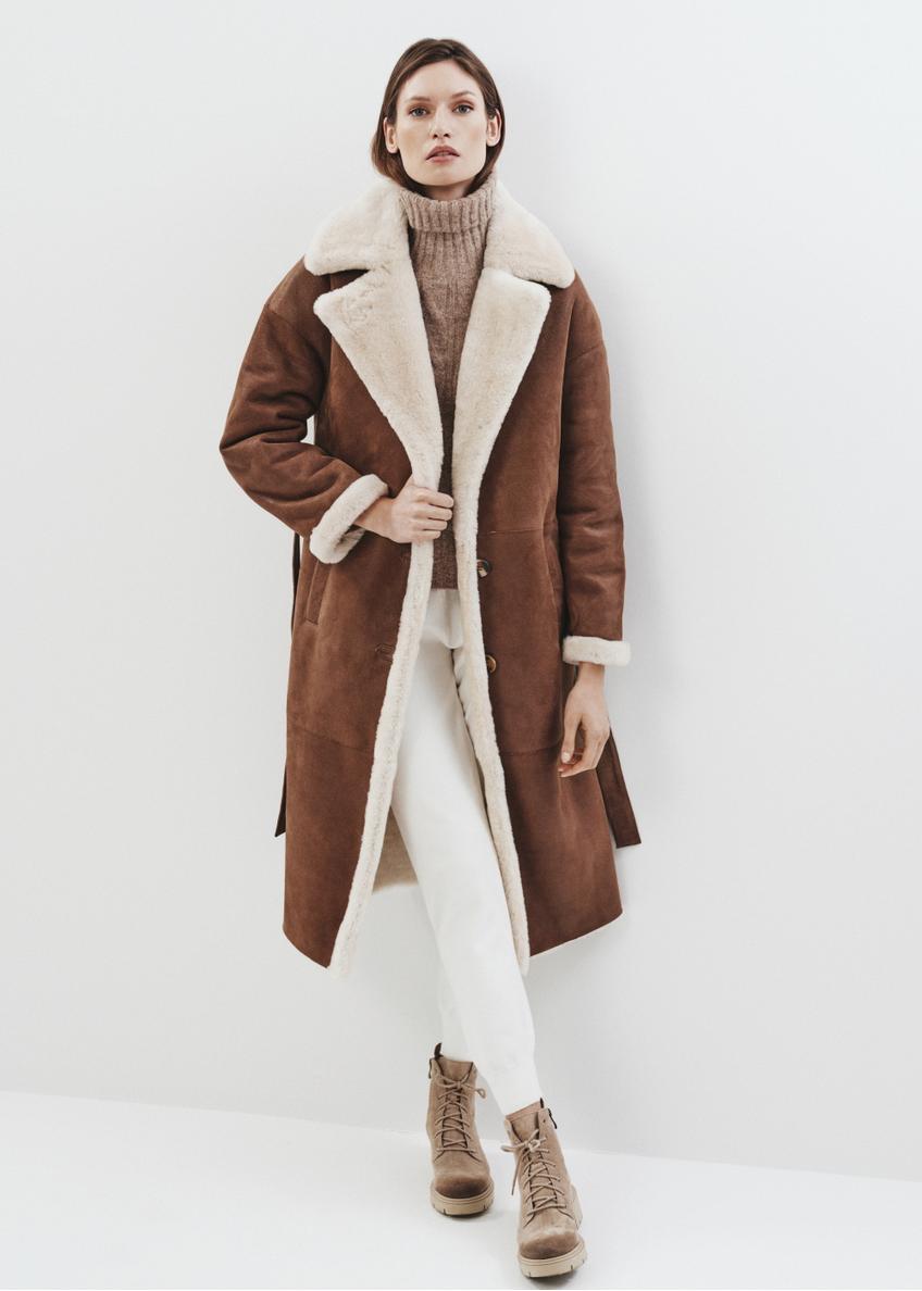 Long classic brown sheepskin coat for women KOZDS-0071-3091(Z24)-01