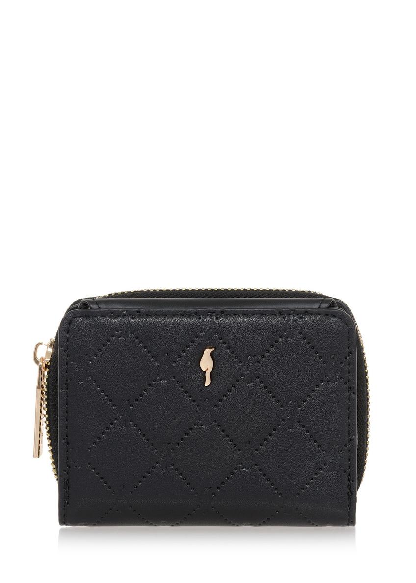 Small black women's wallet with monogram POREC-0349A-9P(Z26)  front product view on white background.
