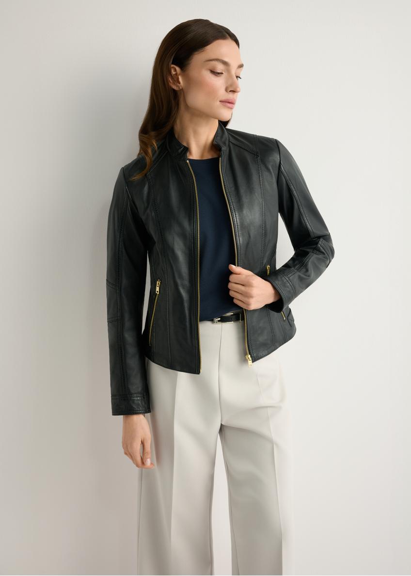 Women's black leather jacket KURDS-0602-99(W26), front view of the product on the model. Half of the silhouette visible.