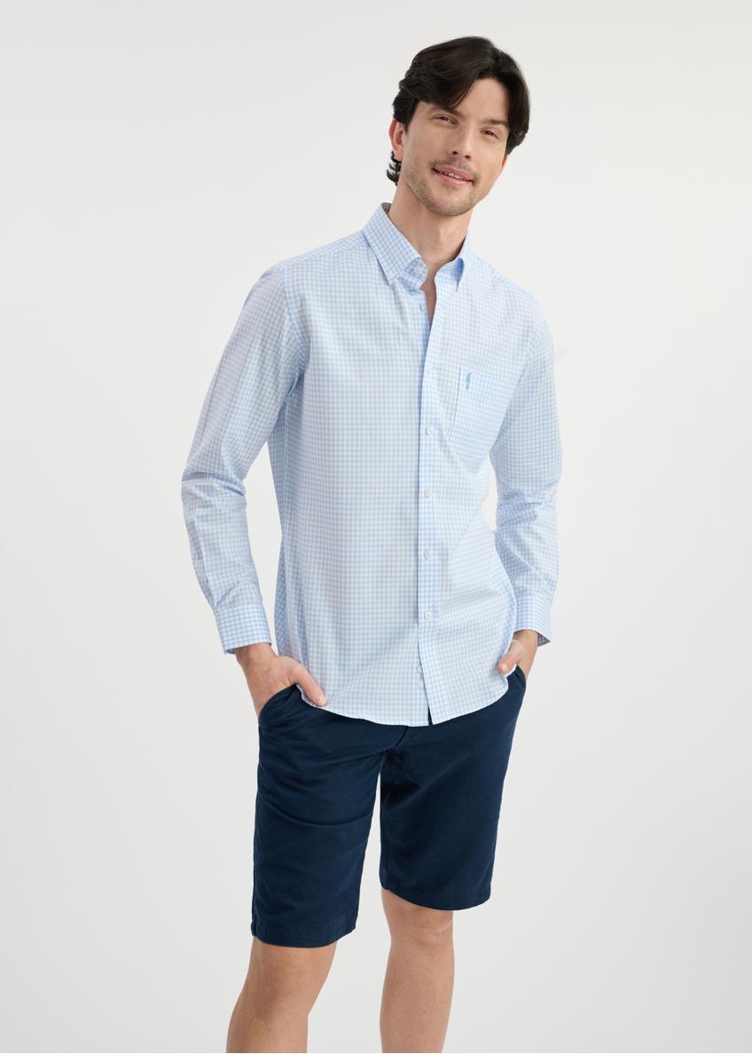 Men's cotton shirt in light blue check KOSMT-0277-63(W25) - front view on model on white background. Half of the silhouette visible.