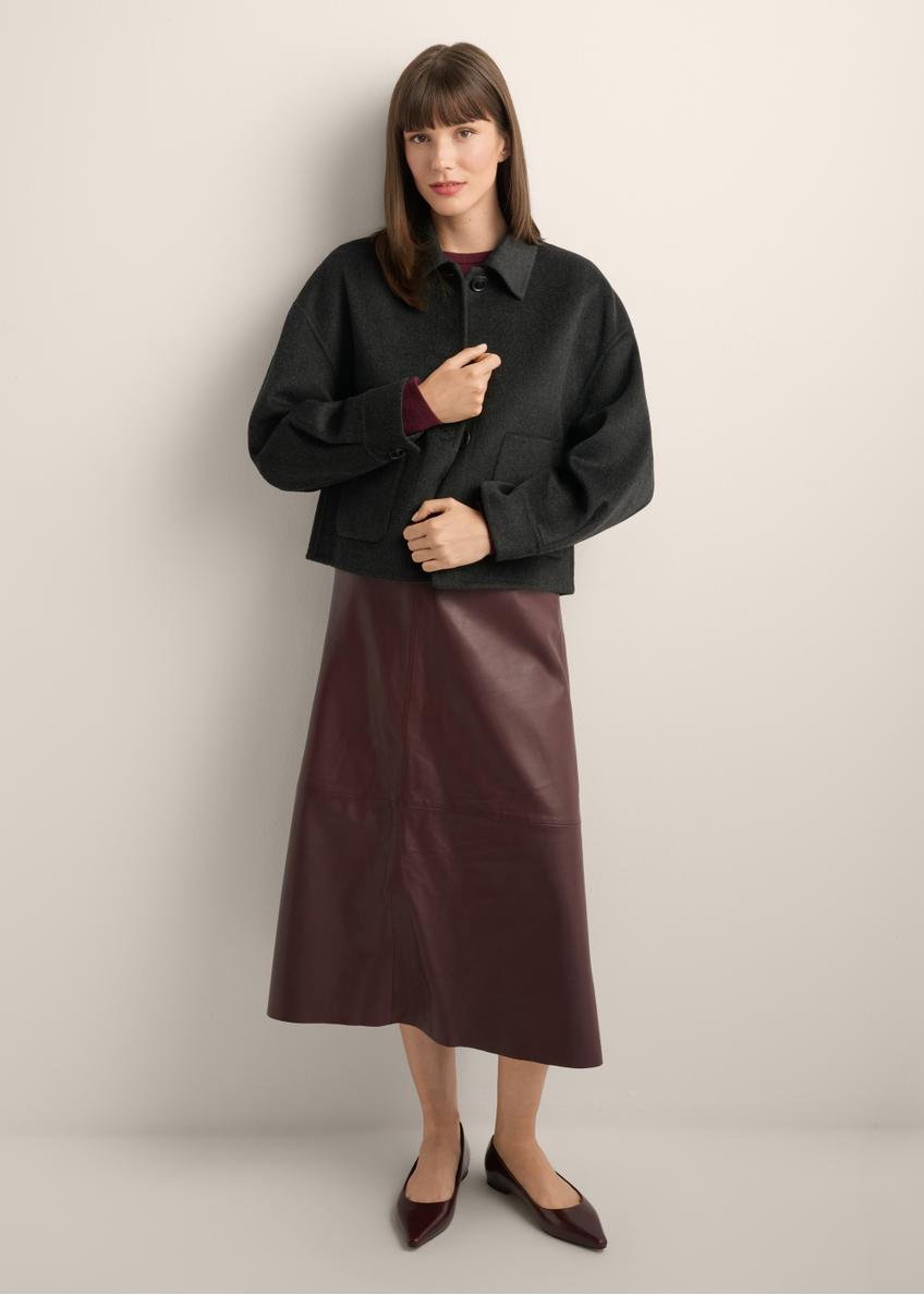 Women's short black wool coat PLADT-0067-99(Z26), front view of the product on the model. Full body visible.
