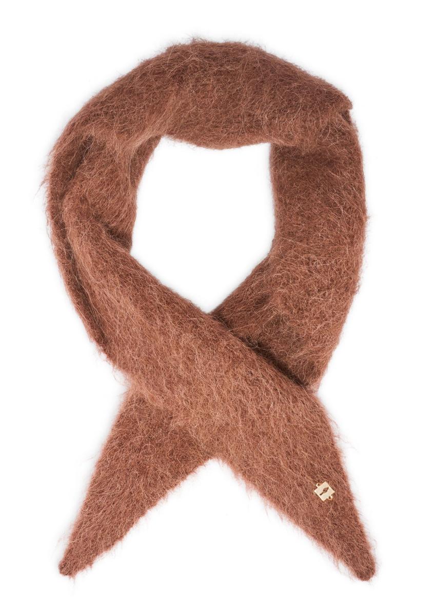 Brown women's scarf made of alpaca wool SZADT-0223-1H(Z26) - product view from above, on a white background.