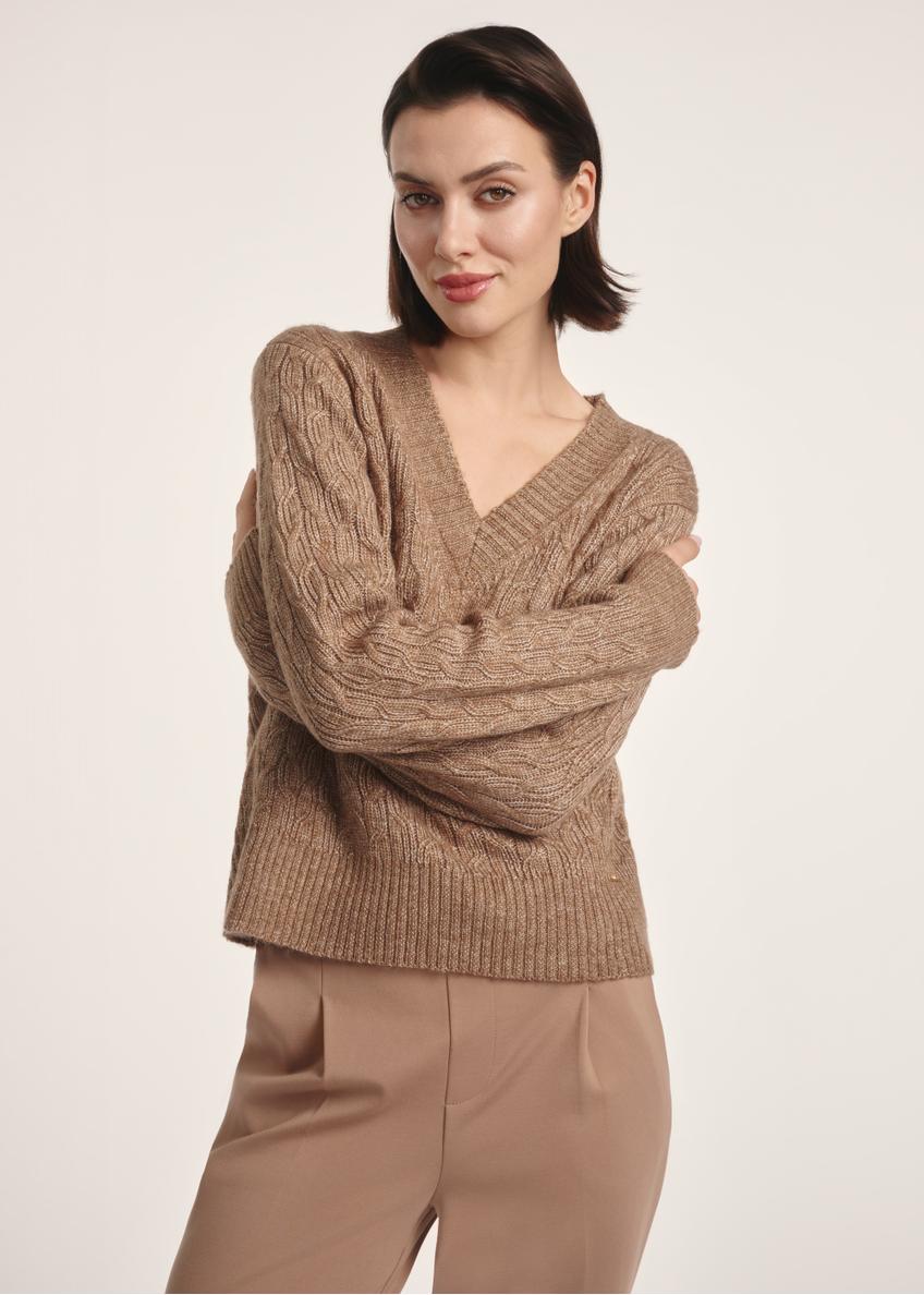 Women's sweater in brown color SWEDT-0237-84(Z25), front view of the product on the model. Half of the silhouette visible.