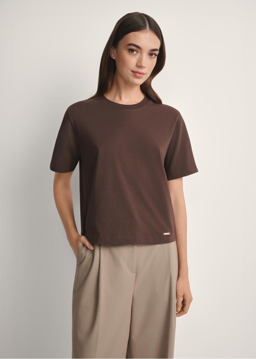 Women's brown cotton T-shirt TSHDT-0138-1I(W26), front view of the product on the model, half of the silhouette visible.