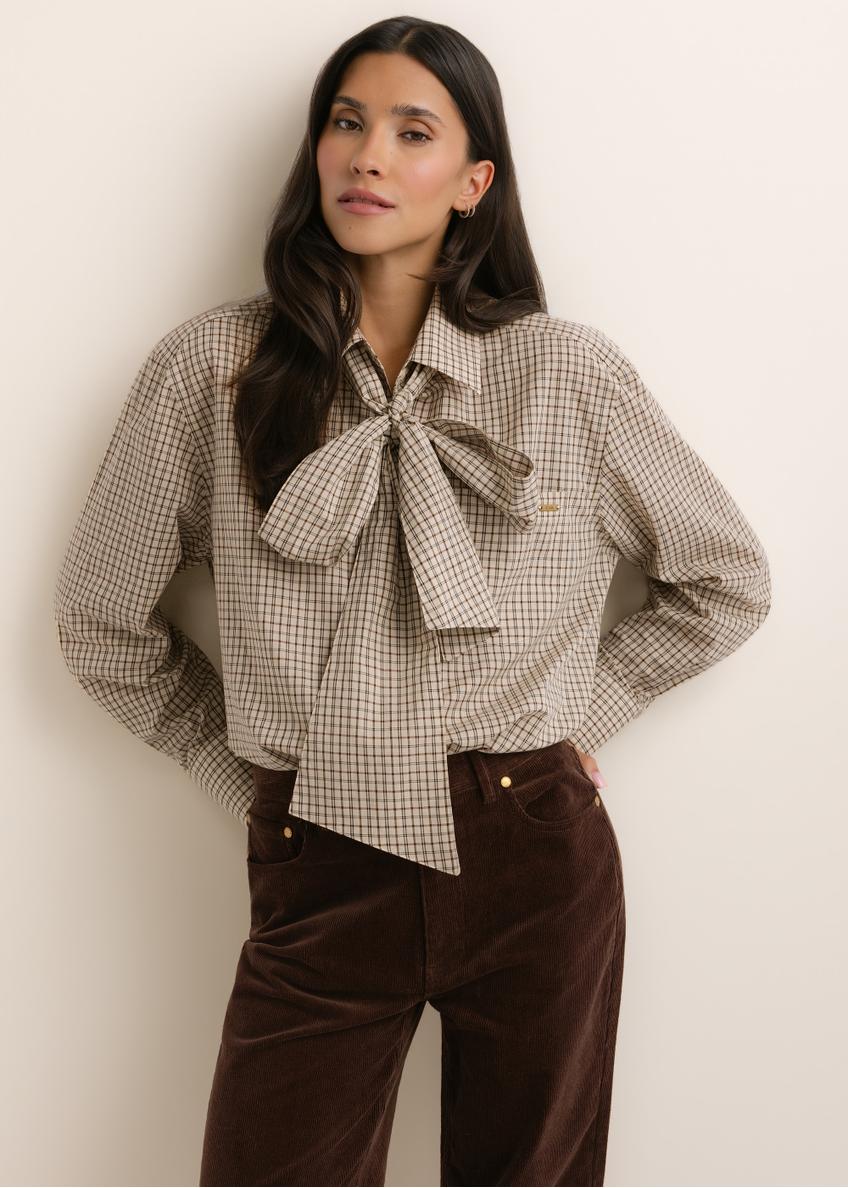 Women's plaid shirt with a tie detail (KOSDT-0195-1P(Z26)), front view on a model. Half-body shot.