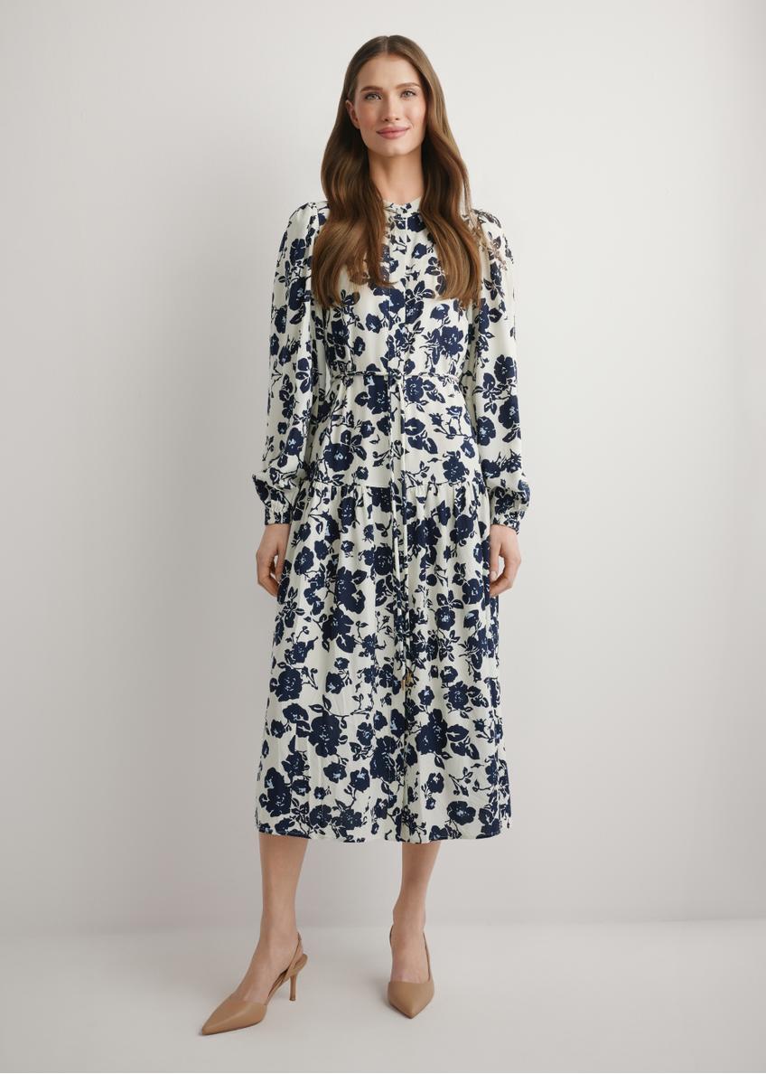 Blue floral midi dress SUKDT-0270-7P(W26), front view of the product on the model. Full body visible.