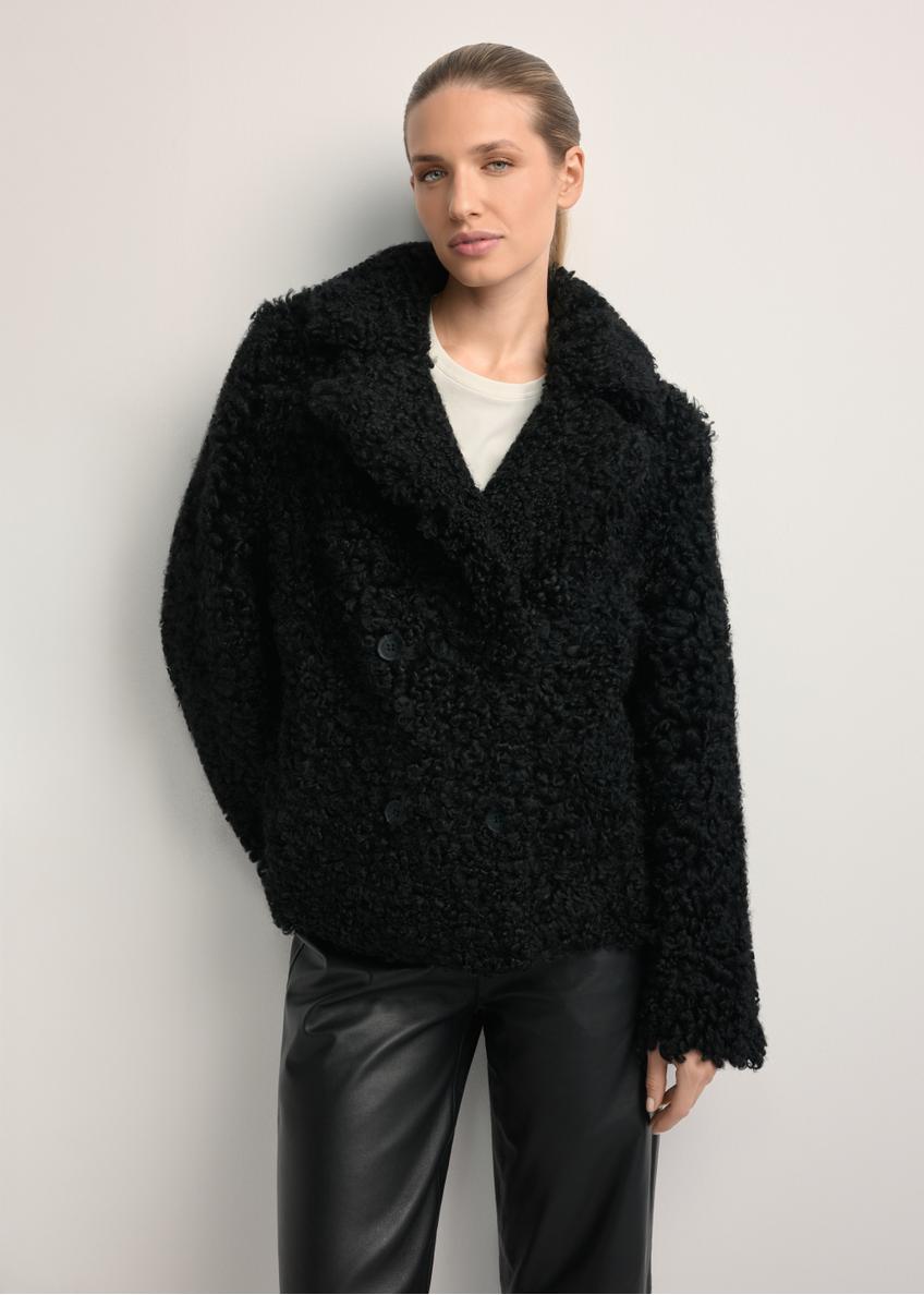 Women's black sheepskin coat KOZDS-0087-3095(Z25), front view of the product on the model. Half of the silhouette visible.