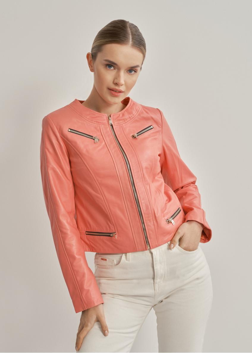 Pink leather jacket for women with zippers KURDS-0419-1309(W23)-01