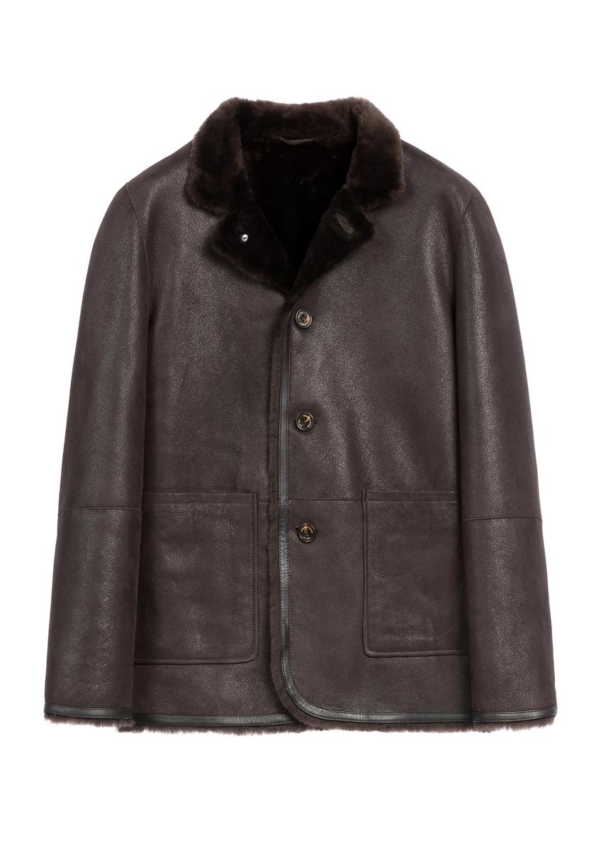 Men's brown leather sheepskin coat KOZMS-0025-3190(Z25), product view from the front on a white background.