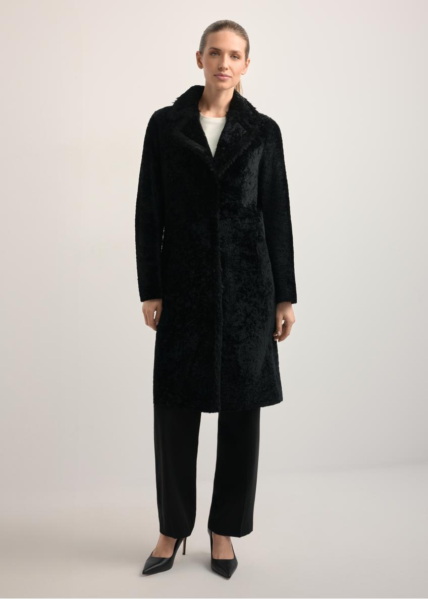 Women's sheepskin coat with snap closure KOZDS-0056-1180(Z25), front view of the product on the model. Full body visible.