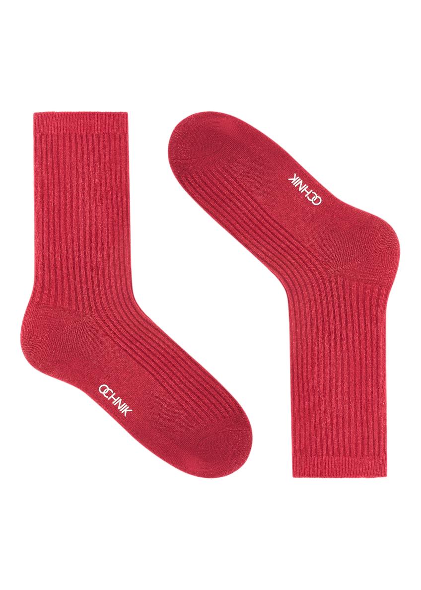 Red shiny women's socks SKADT-0074-42(Z25), product view without packaging on white background.