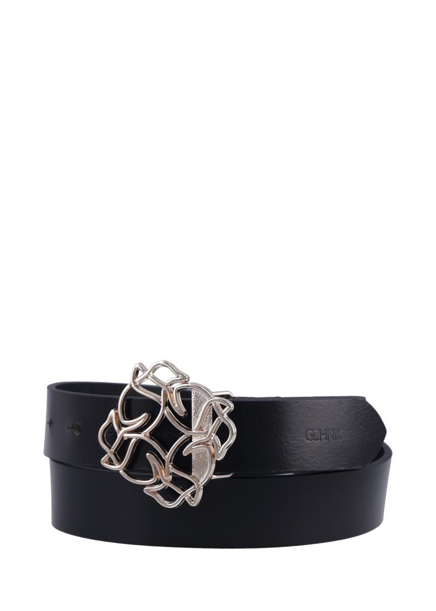 Black leather women's belt with decorative buckle PASDS-0305-99(Z25), front product view on white background.