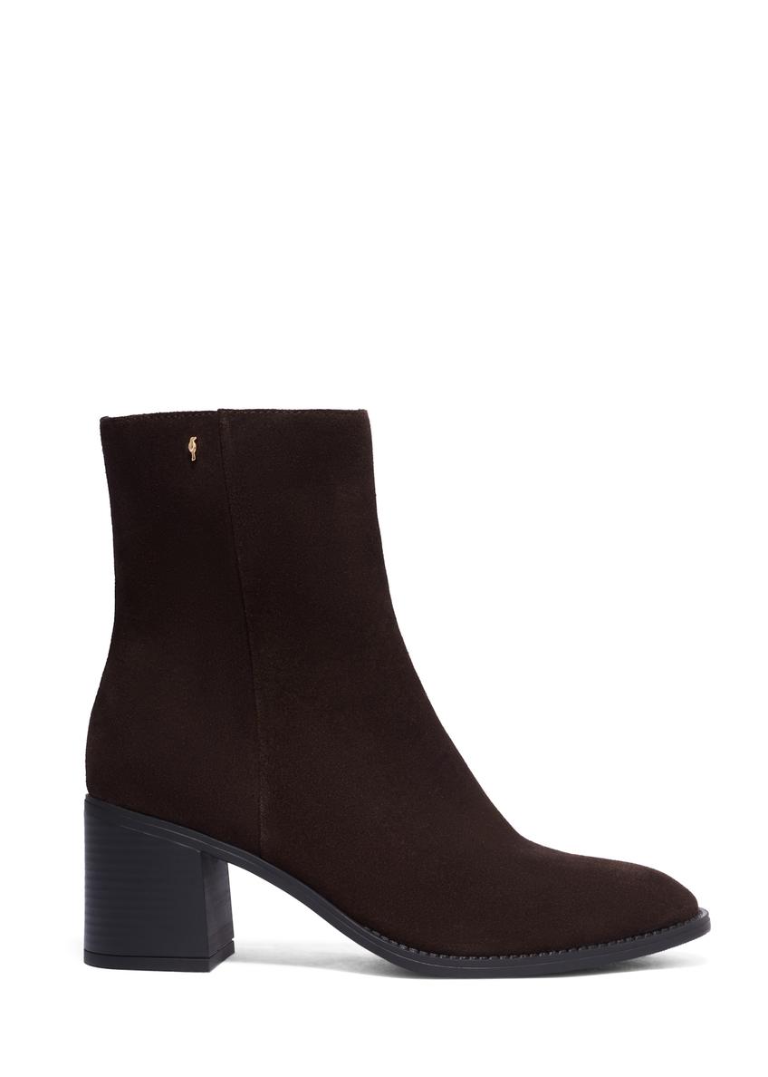 Brown suede high heel ankle boots BUTYD-1101-1I(Z26), side product view on white background.