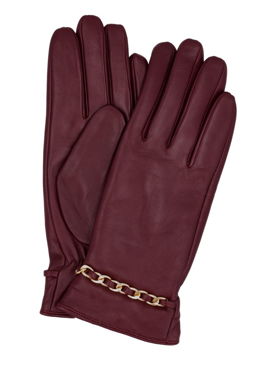 Burgundy women's leather gloves REKDS-0090-4D(Z26), front product view on white background.