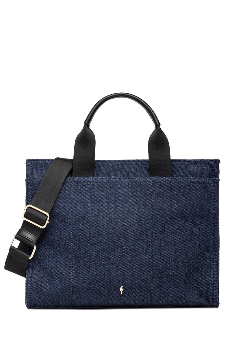 Navy blue denim women's handbag TOREN-0332-7H(W26), front product view on white background.