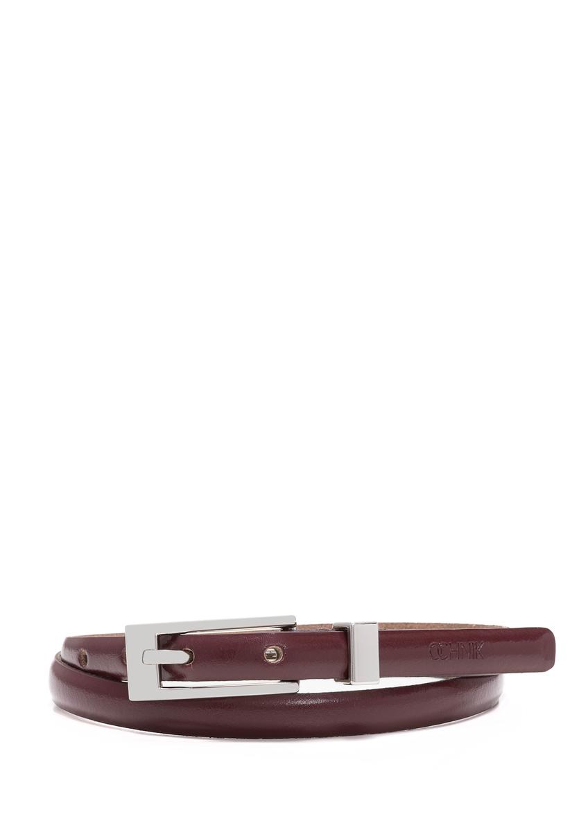 Thin burgundy leather women's belt PASDS-0150C-49(Z25), front product view on white background.