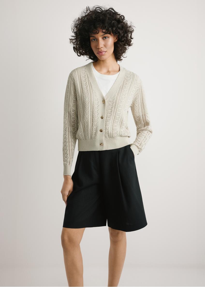 Women's openwork cardigan in light beige color KARDT-0063-1A(W26), front product view, on a white background.