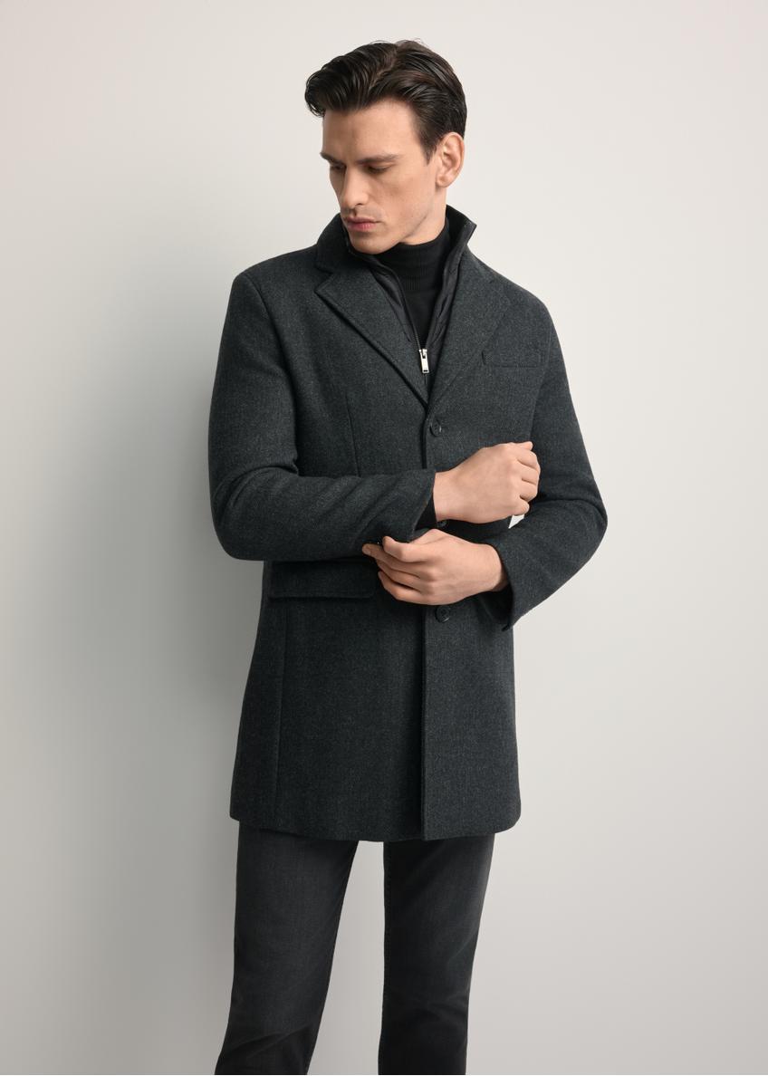 Men's gray wool coat PLAMT-0008-91(Z25), front view of the product on the model. Half of the silhouette visible.