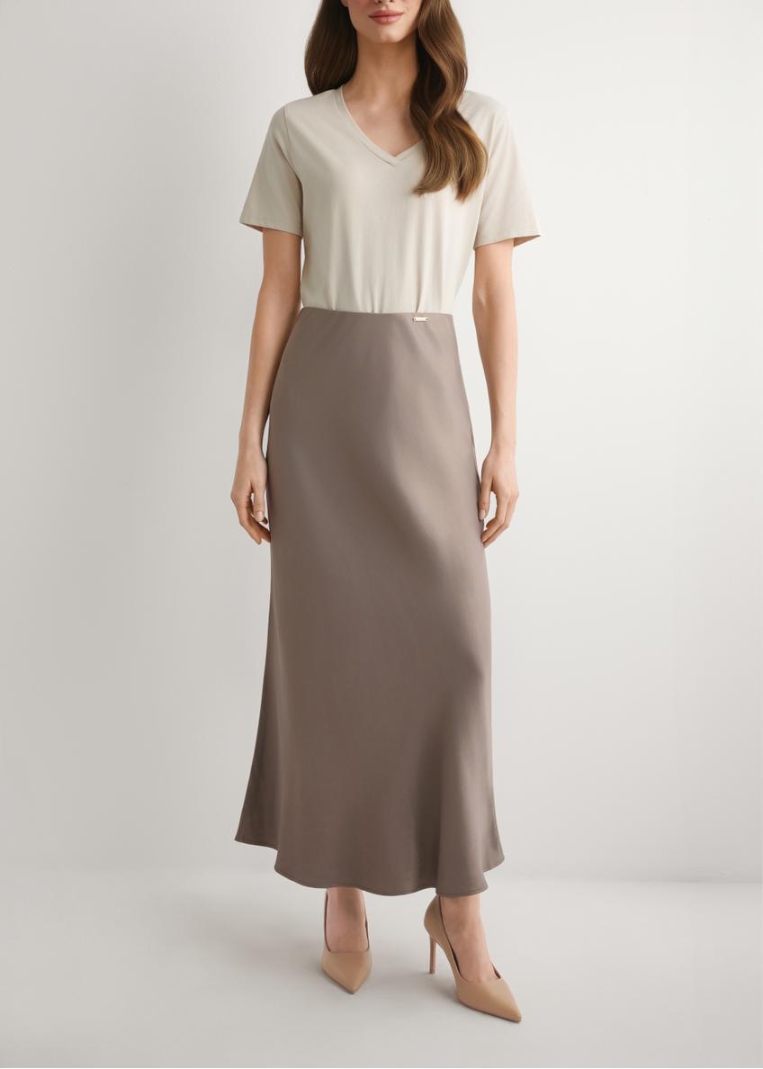 Brown women's skirt SPCDT-0122-1K(W26), front view of the product on the model. Half of the silhouette visible.