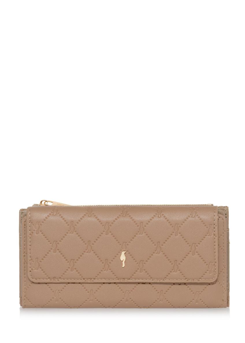 Large beige women's wallet with monogram POREC-0347A-81(Z25) - front product view on white background.