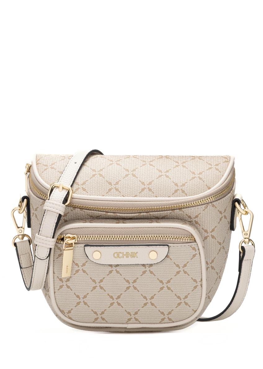 Cream women's waist bag with monogram TOREC-1157-0P(W26) - front product view, on a white background.