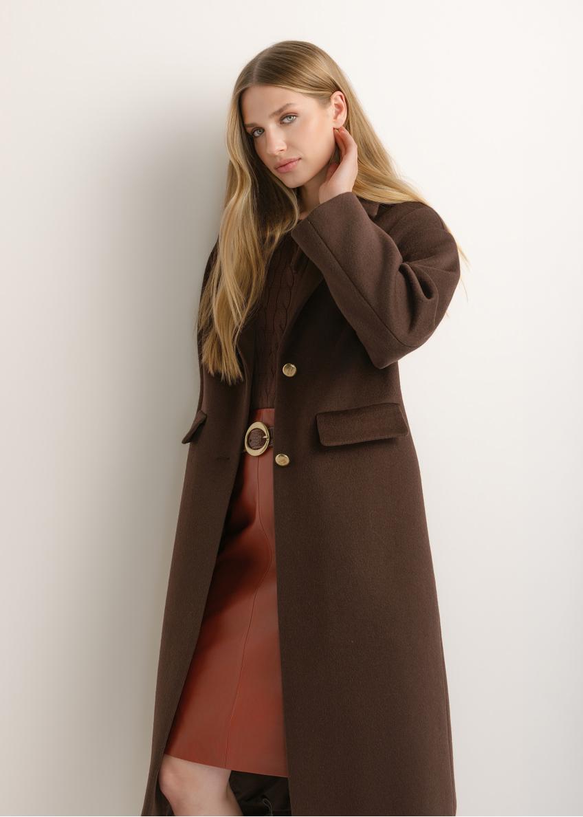 Long dark brown women's coat with wool PLADT-0085-1I(Z26)