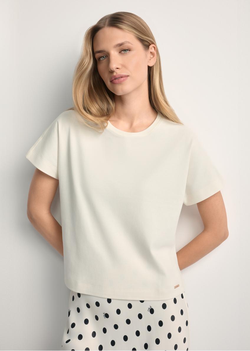 Cream women's mercerized cotton T-shirt TSHDT-0154-0B(W26) - front view of the product, against a light background. Half of the silhouette visible.