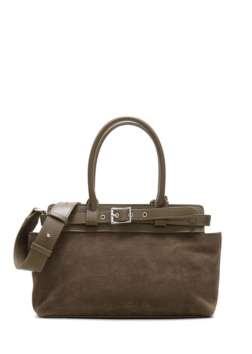 Women's khaki suede handbag TORES-1192-55(Z25), front product view on white background.
