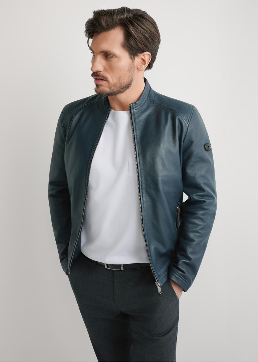 Navy blue men's leather jacket KURMS-0329-7E(W26) - front product view, modeled, against a light background. Knee-length silhouette visible.