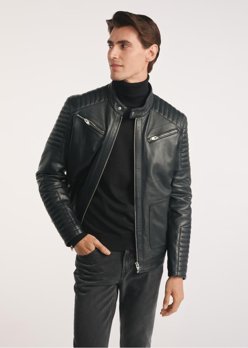 Black men's leather jacket KURMS-0382-1283(Z25), product visible from the front on the model, visible half of the silhouette.-02