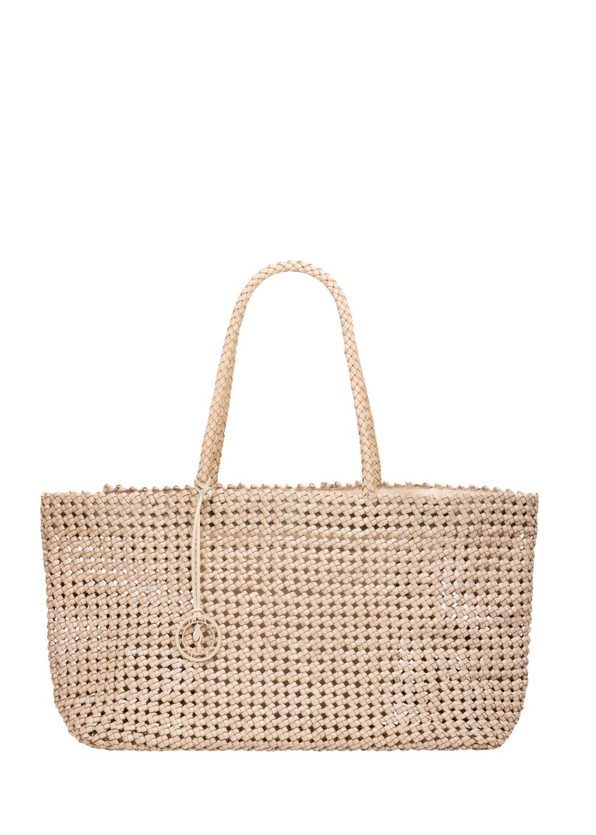 Beige leather woven handbag TORES-1300-0C(W26), front product view on white background.