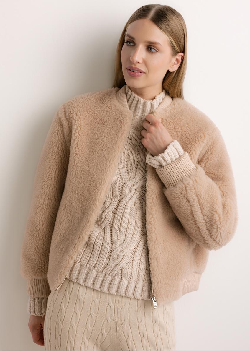 Beige short women's wool fur coat FUTDW-0045-1B(Z26)
