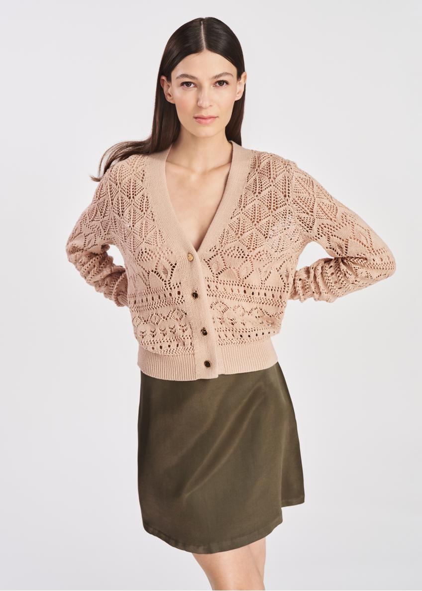 Openwork women's cardigan in beige KARDT-0051-81(W25)-01