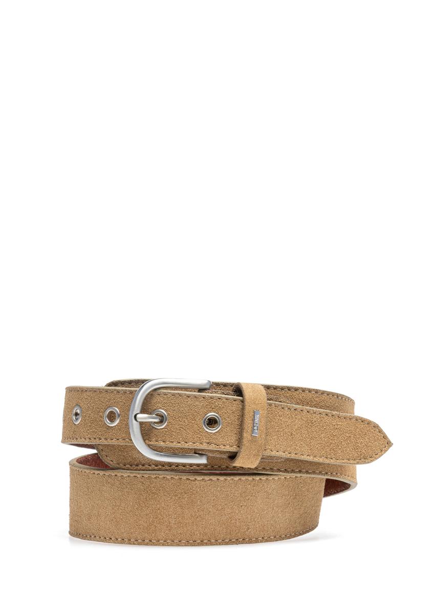 Dark beige women's leather belt PASDS-0319-81(W25), front product view on white background.
