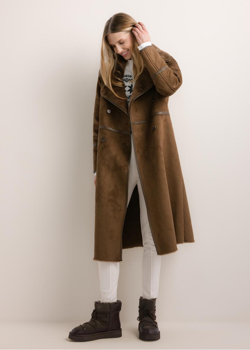 Long brown women's shearling coat KOZDP-0019-1H(Z26), front view on a model. Full-body shot.