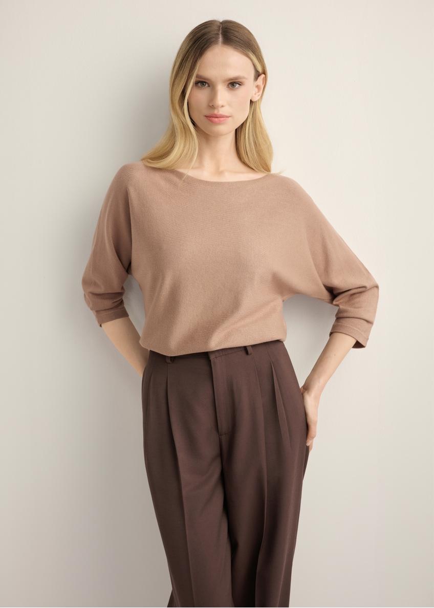 Women's camel blouse BLUDT-0178-1D(Z26), front view of the product on the model. Half of the silhouette visible.