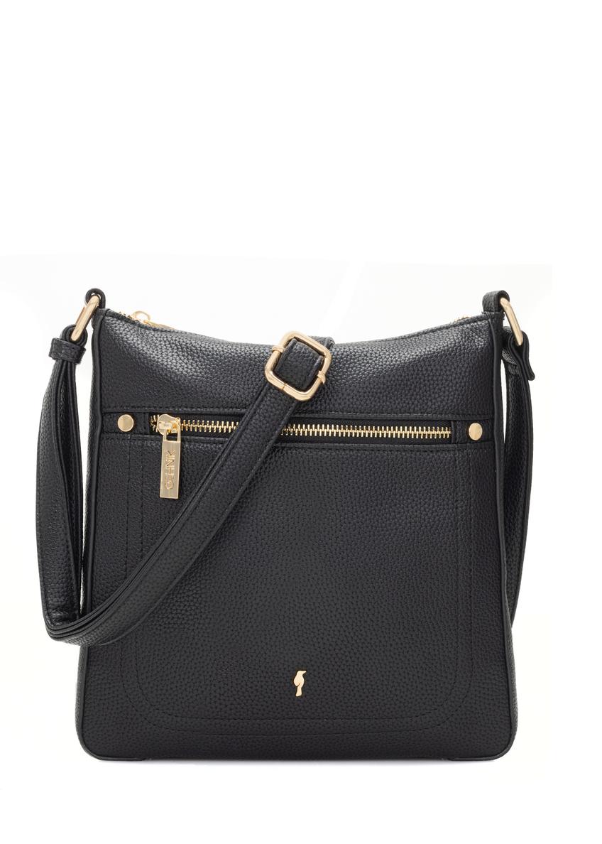 Women's black imitation leather messenger bag TOREC-1177-99(W26), front product view on white background.