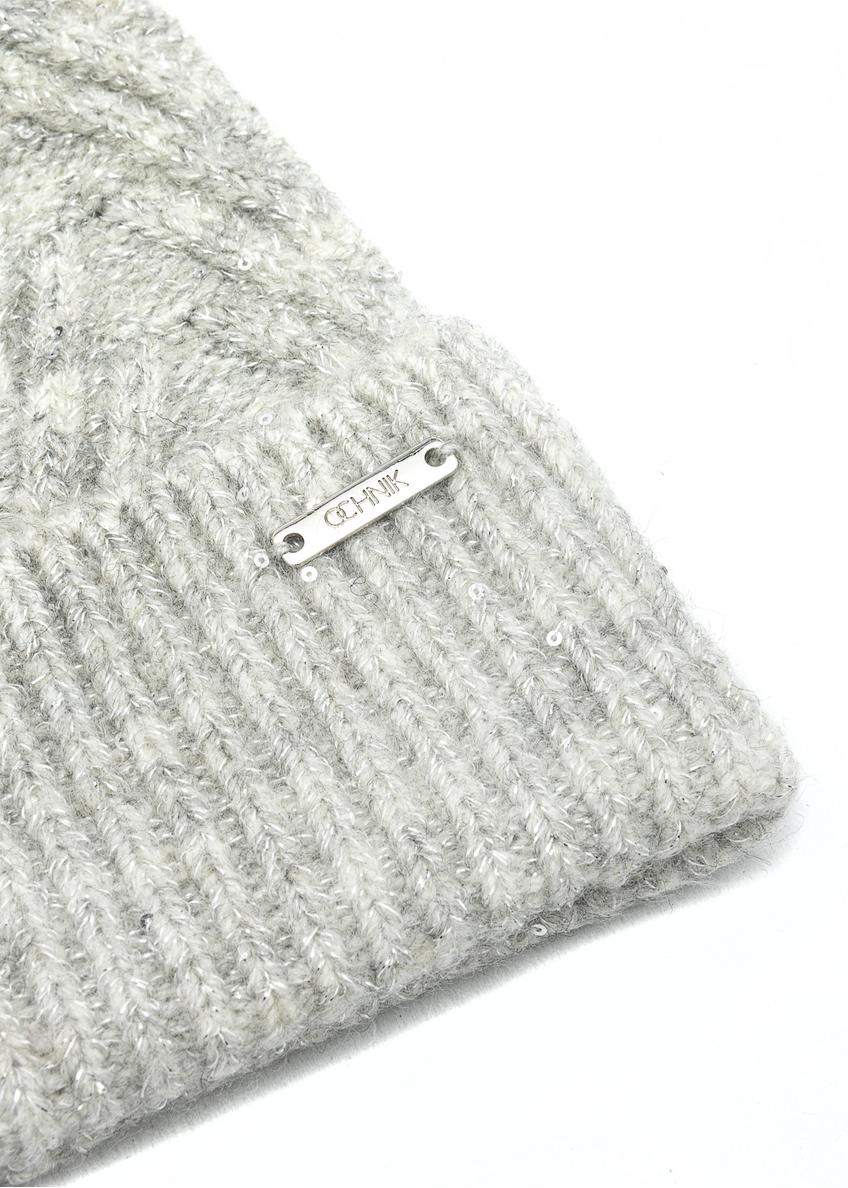 Gray women's hat with sequins and pompom CZADT-0175-66(Z25)