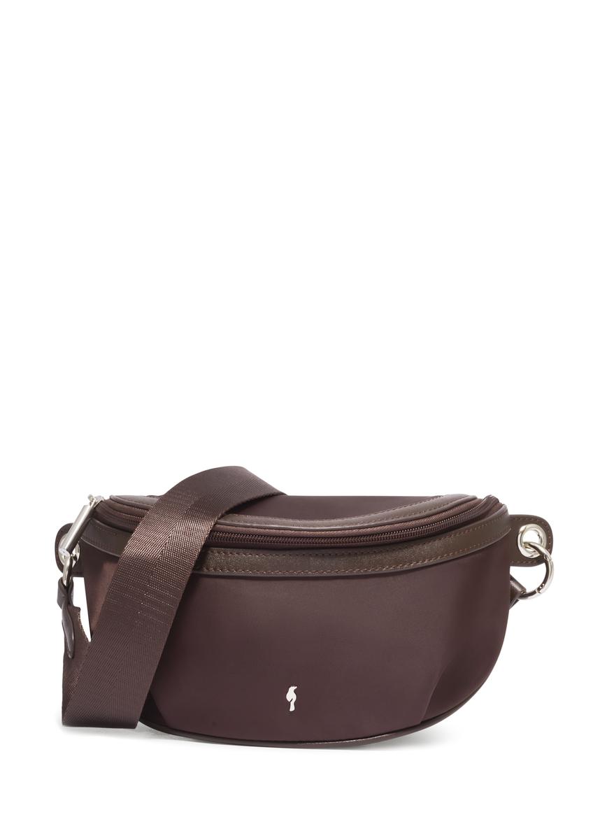 Dark brown fabric women's waist bag TOREN-0356-1I(Z26), front view of the product on a white background.