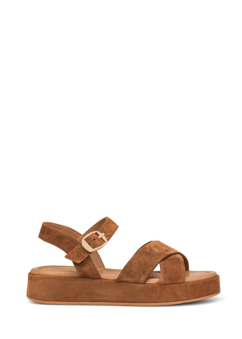 Women's camel sandals BUTYD-1241-1D(W26), side product view on white background.