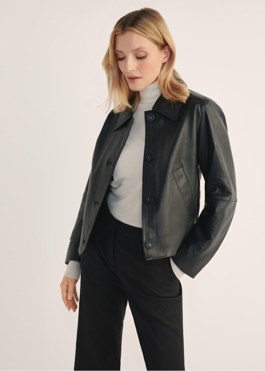 Women's leather button jacket KURDS-0578-3184(W25), front view of the product on a model, half of the silhouette visible.