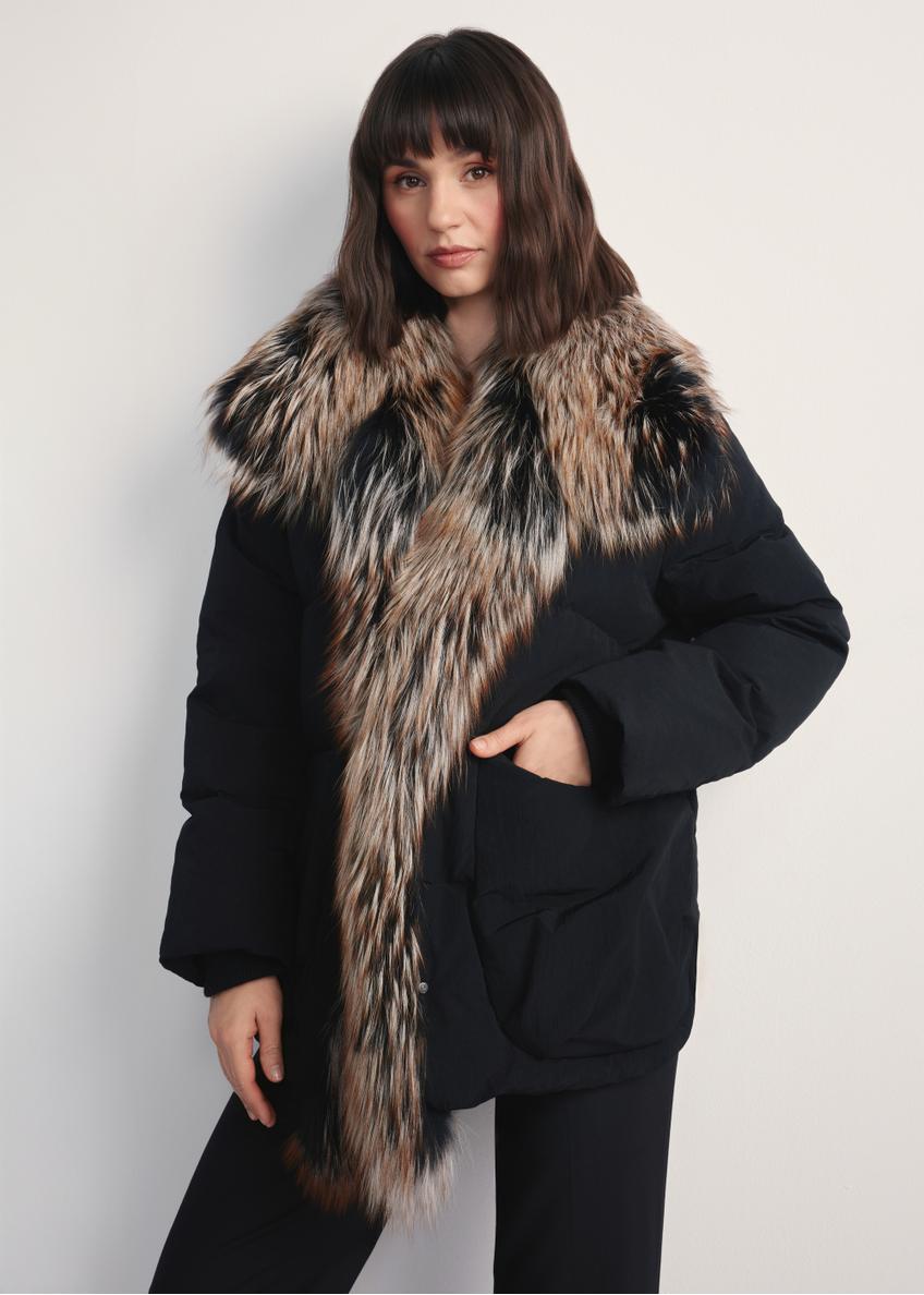 Women's black winter jacket with natural fur KURDT-0592-99(Z25) - front product view on white background. Half silhouette visible.
