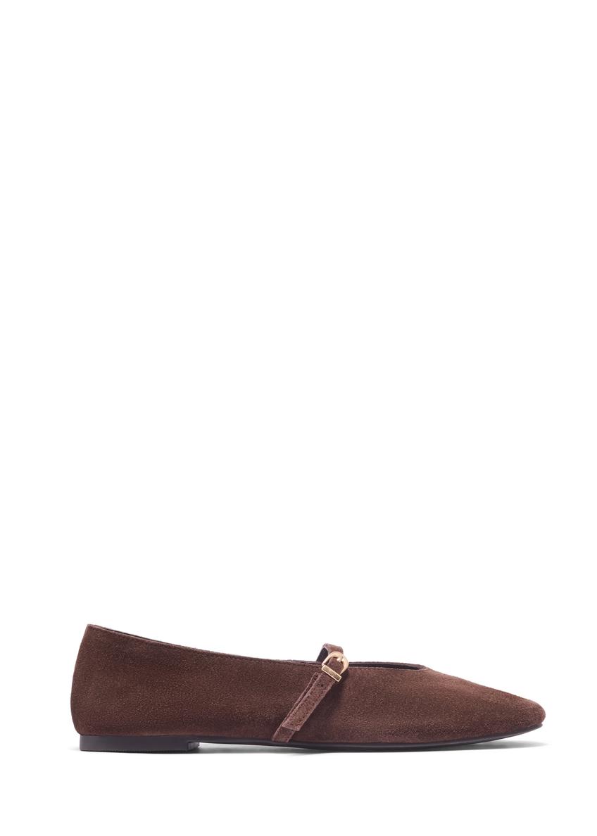 Dark brown suede women's ballet flats BUTYD-1309-1I(Z26), side product view on white background.