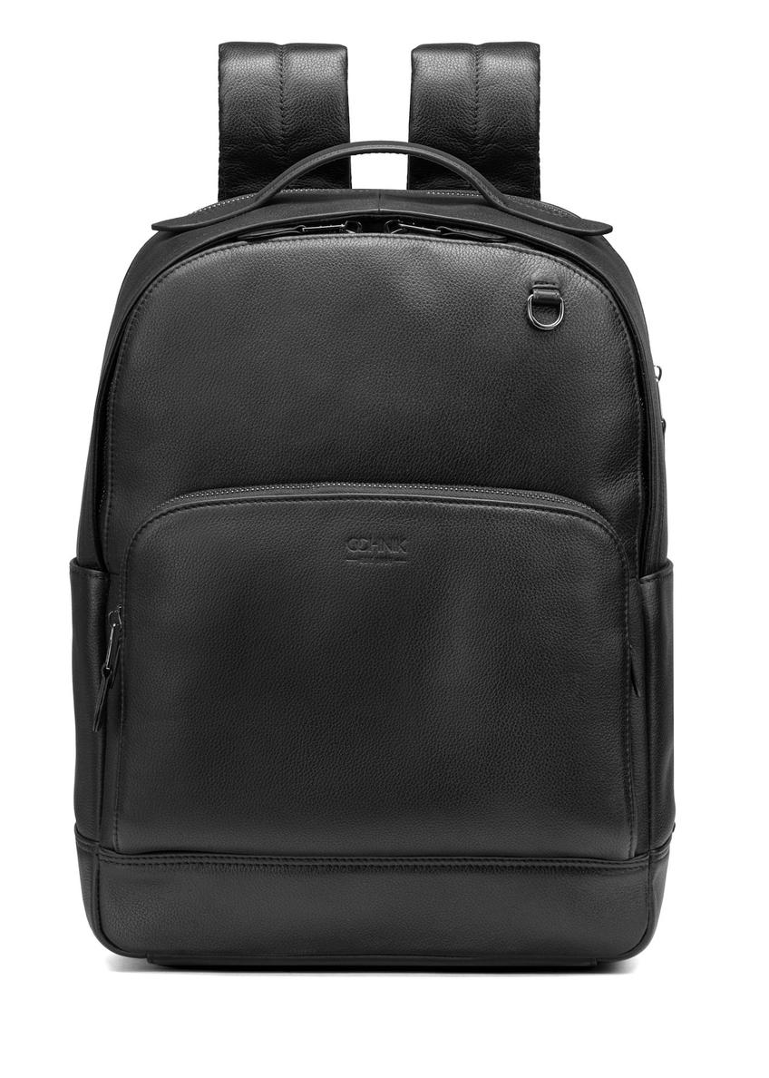 Men's black leather backpack PLCMS-0018R-9I(W26), front product view on white background.
