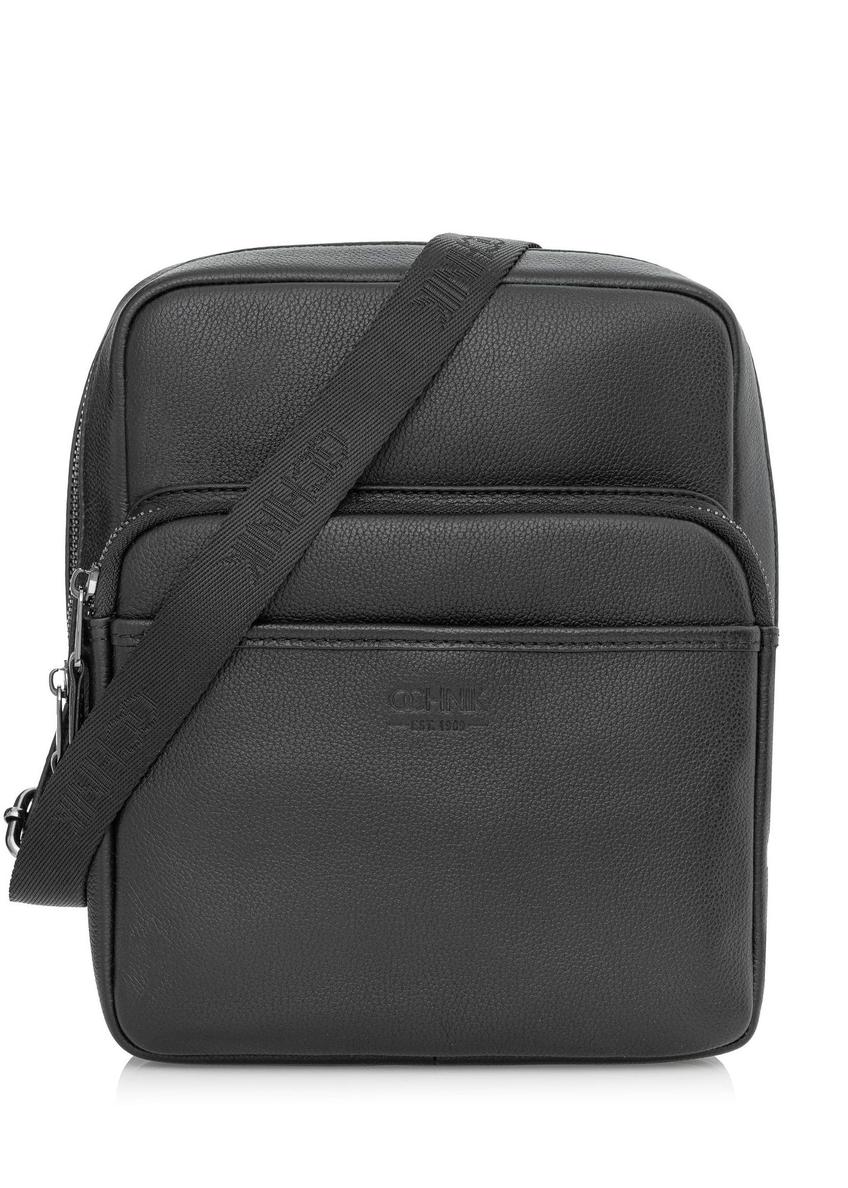 Men's leather black zipper bag TORMS-0016R-9I(W26), front product view on white background.