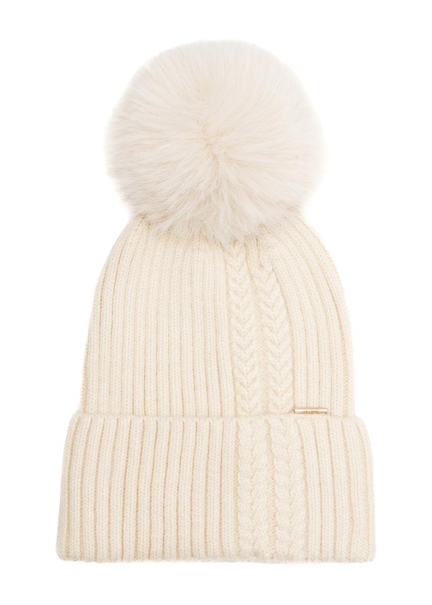 Cream women's hat with pompom CZADT-0216-16(Z25), product view from the front on a white background.