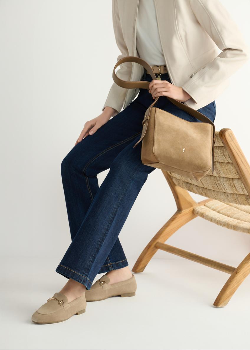 Dark beige suede women's moccasins BUTYD-1257-1K(W26), side view of the product on the model's feet.